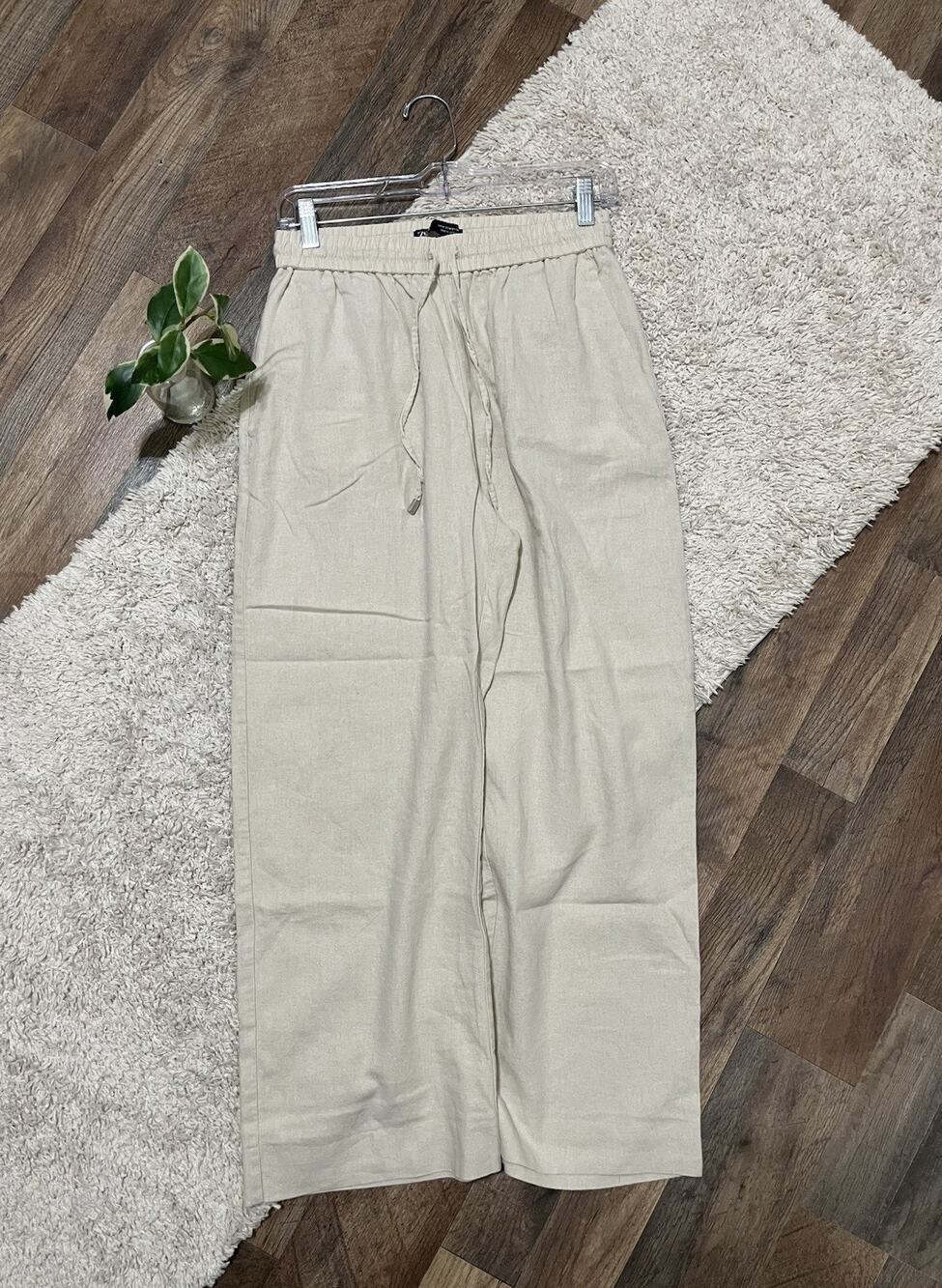 Zara Size Medium Beige Linen Blend Wide Leg Pull-On Drawstring Pants
